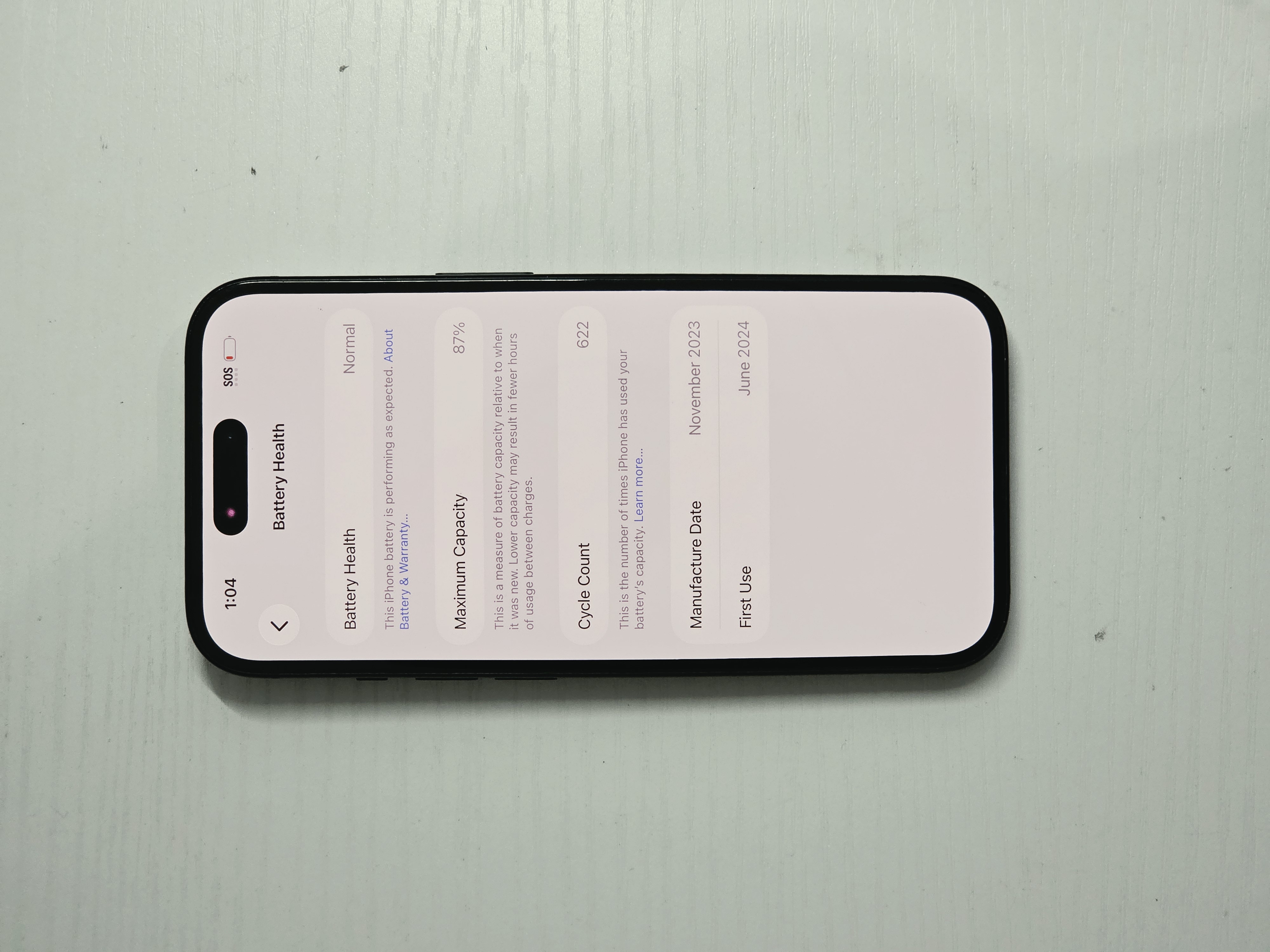 iPhone 15 · Black · 128 GB · Used · Excellent · Battery Health: 87% — photo 4 of 4