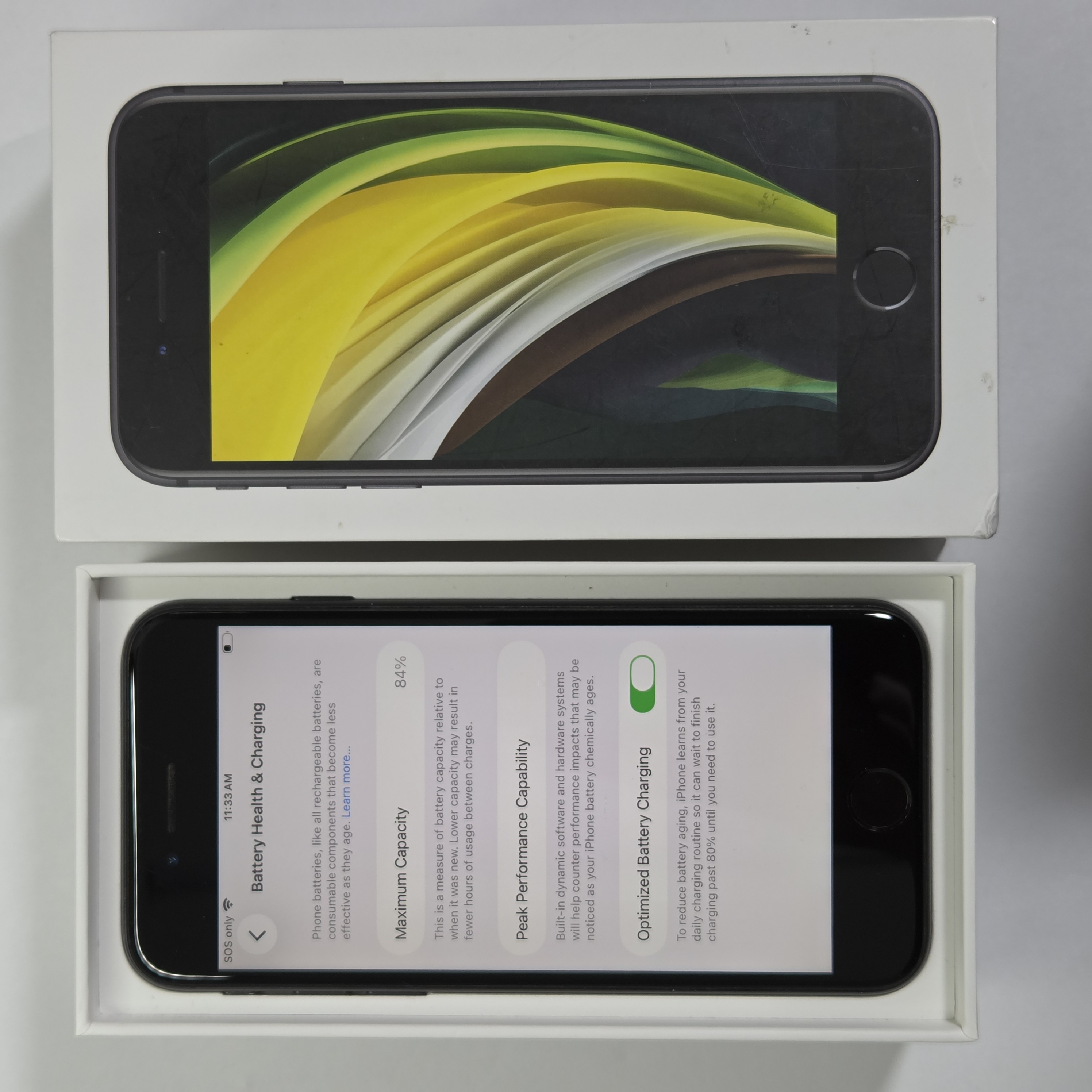 iPhone SE (2020) · Black · 64 GB · Used · Excellent · Battery Health: 84% — photo 3 of 4