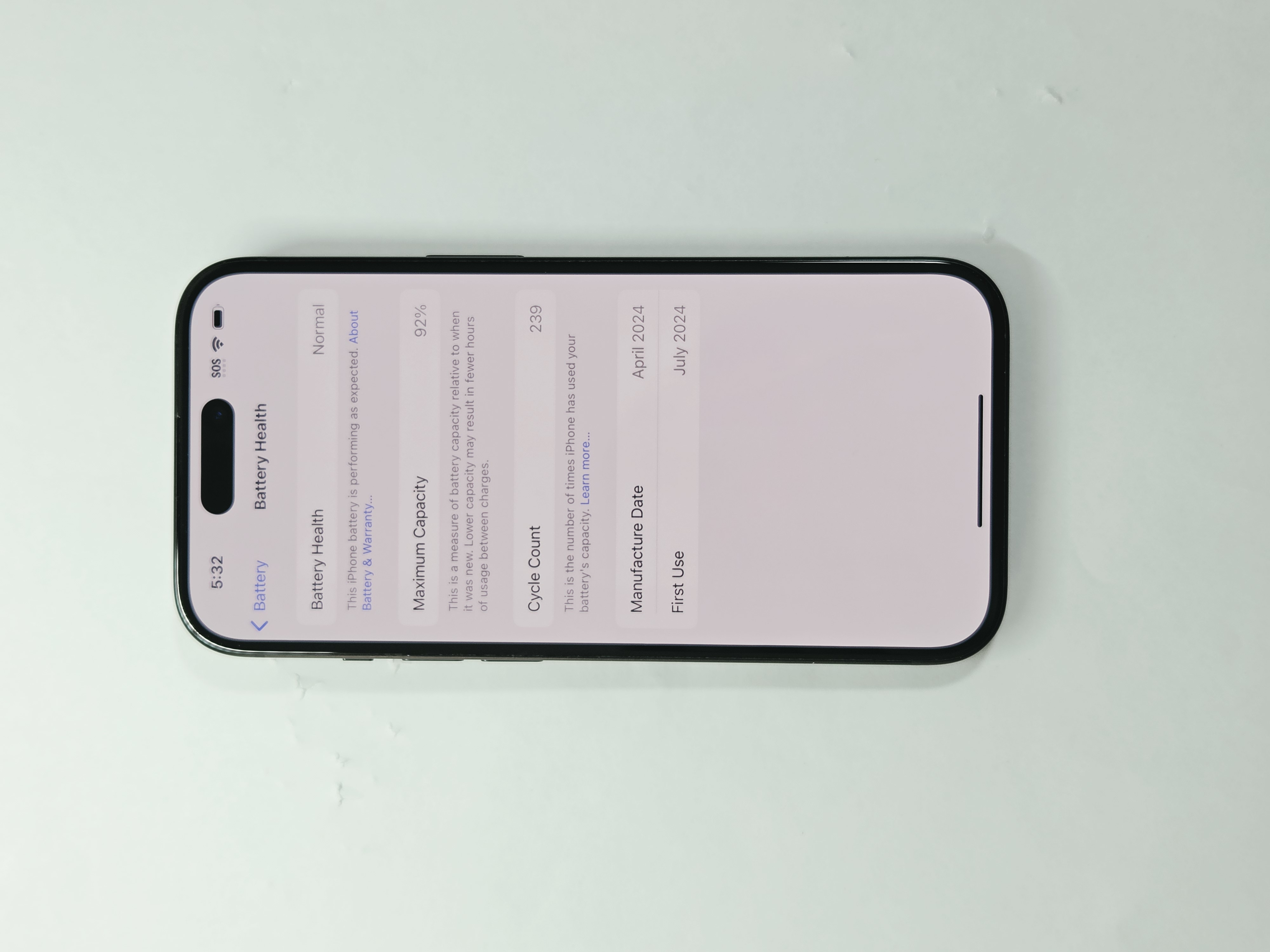iPhone 15 · Black · 256 GB · Used · Like New · Battery Health: 92% — photo 3 of 4