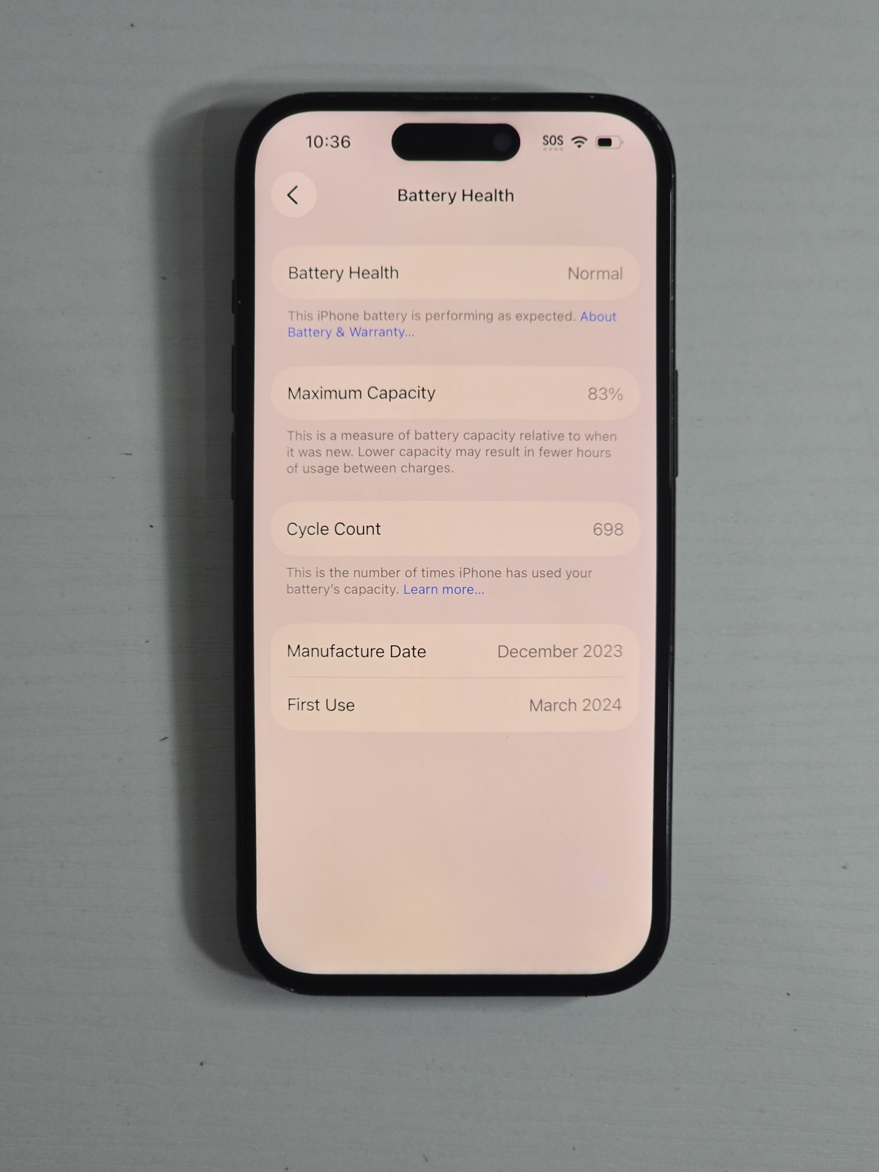 iPhone 15 · Black · 128 GB · Used · Excellent · Battery Health: 83% · Refurbished — photo 2 of 4