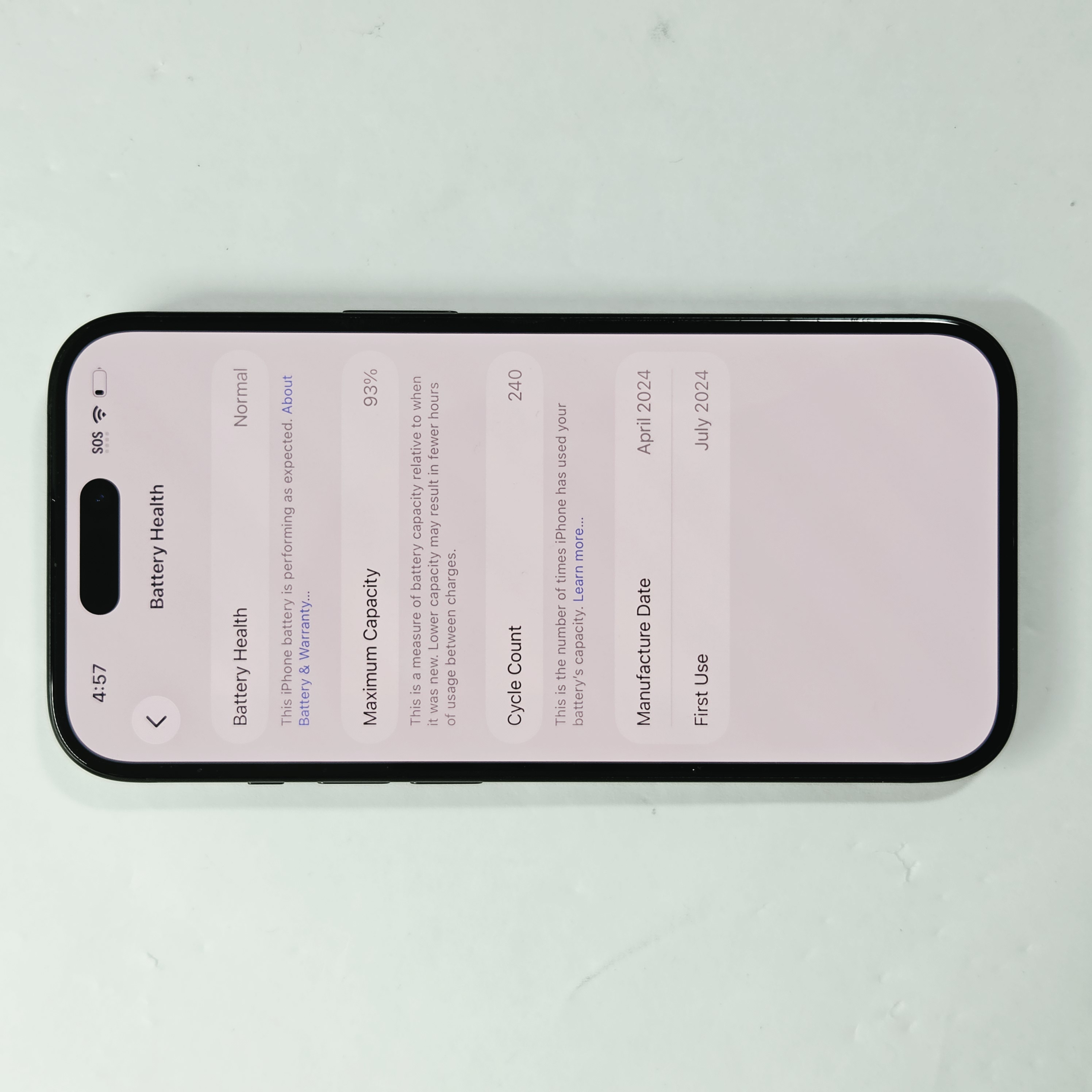 iPhone 15 · Black · 128 GB · Used · Like New · Battery Health: 93% — photo 3 of 4