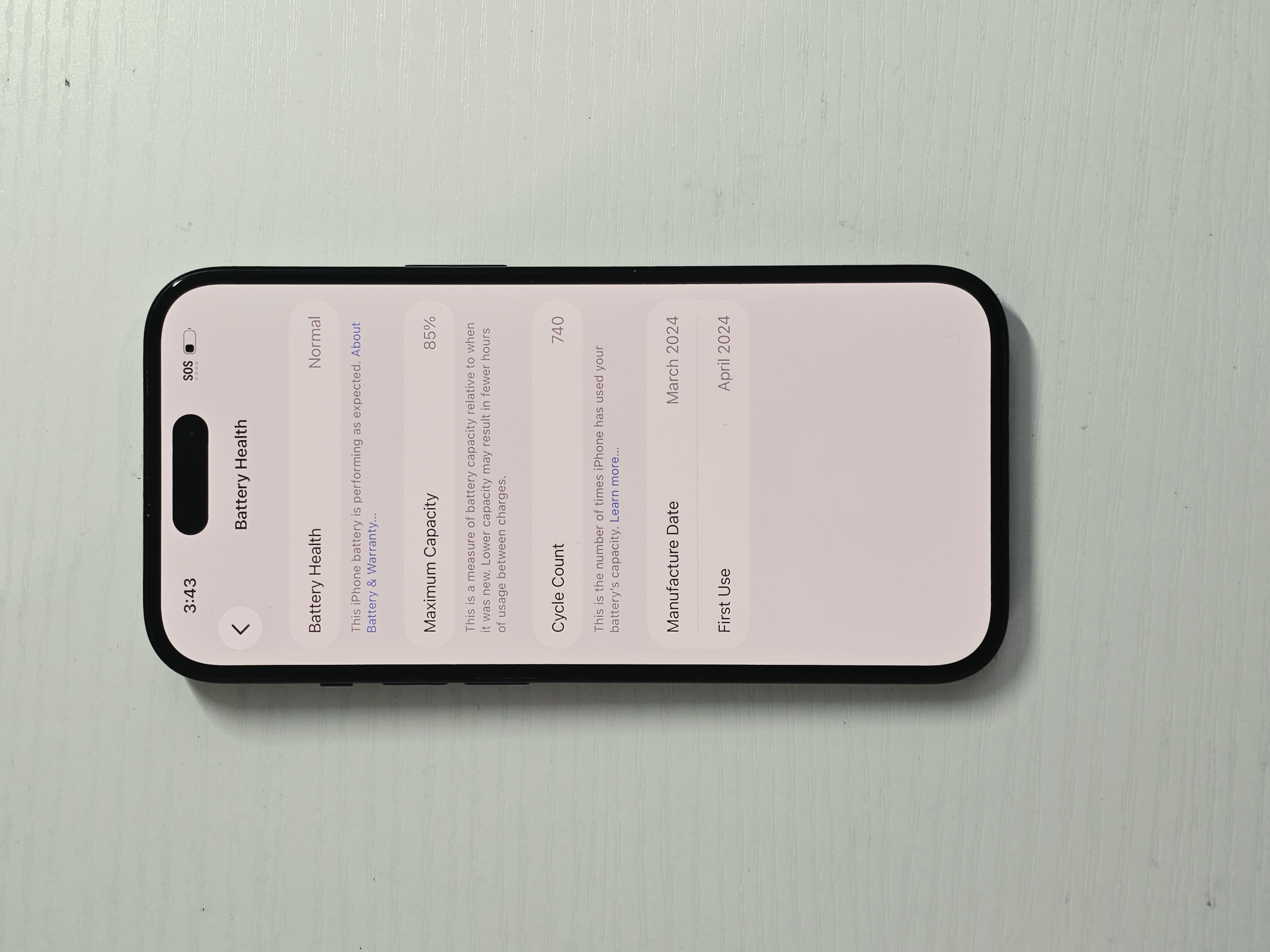 iPhone 15 · Black · 128GB · Used · Excellent · Battery Health: 85% — photo 3 of 4